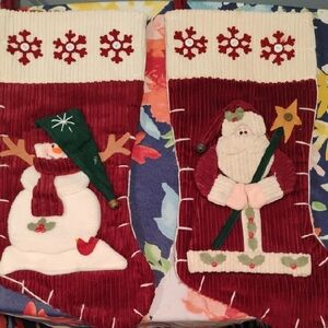 Holiday Santa and Snowman Corduroy Stockings - Red and White